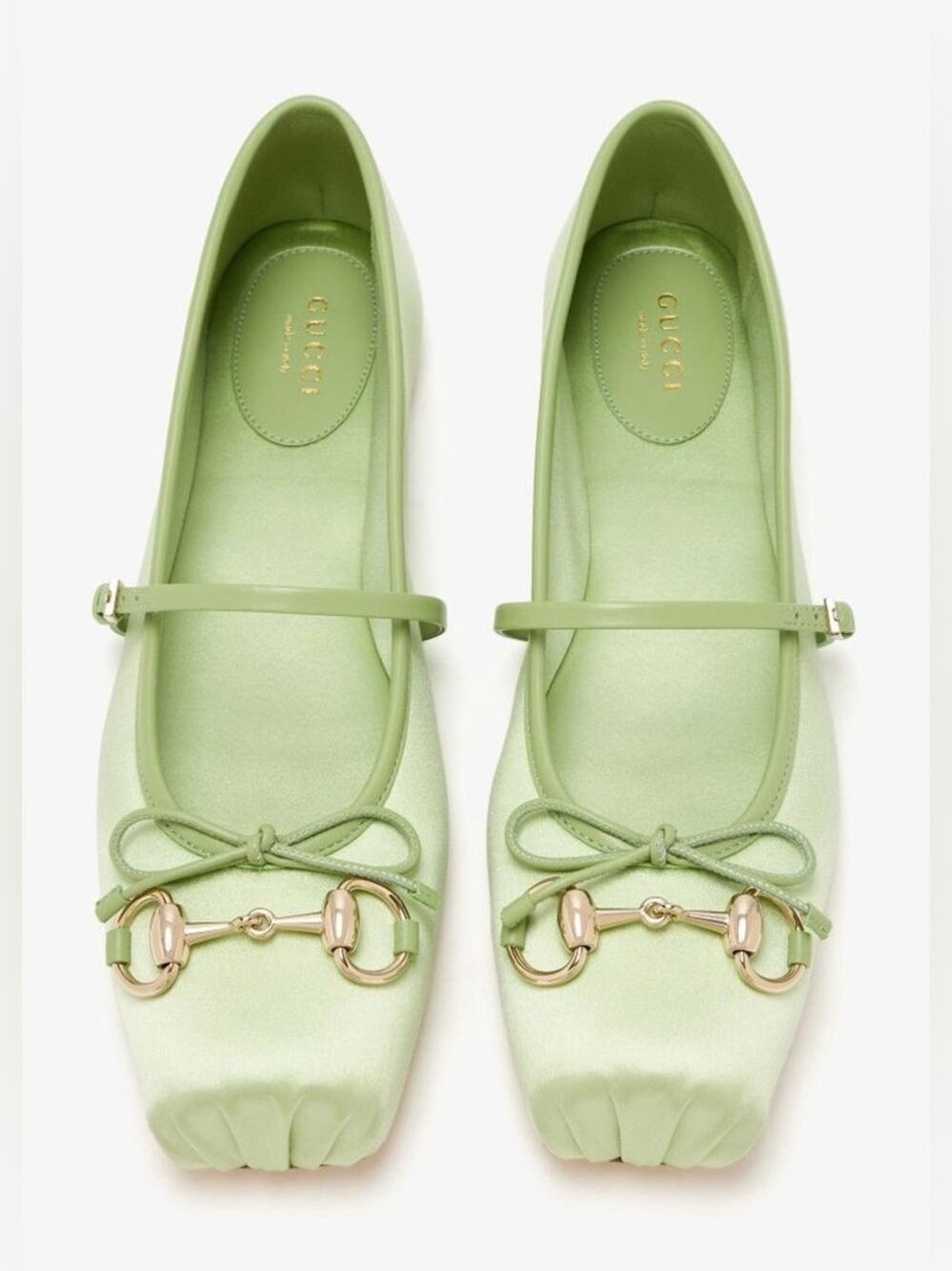 Gucci Light Green Satin Mary Jane Ballet Flats with Gold Horsebit 38